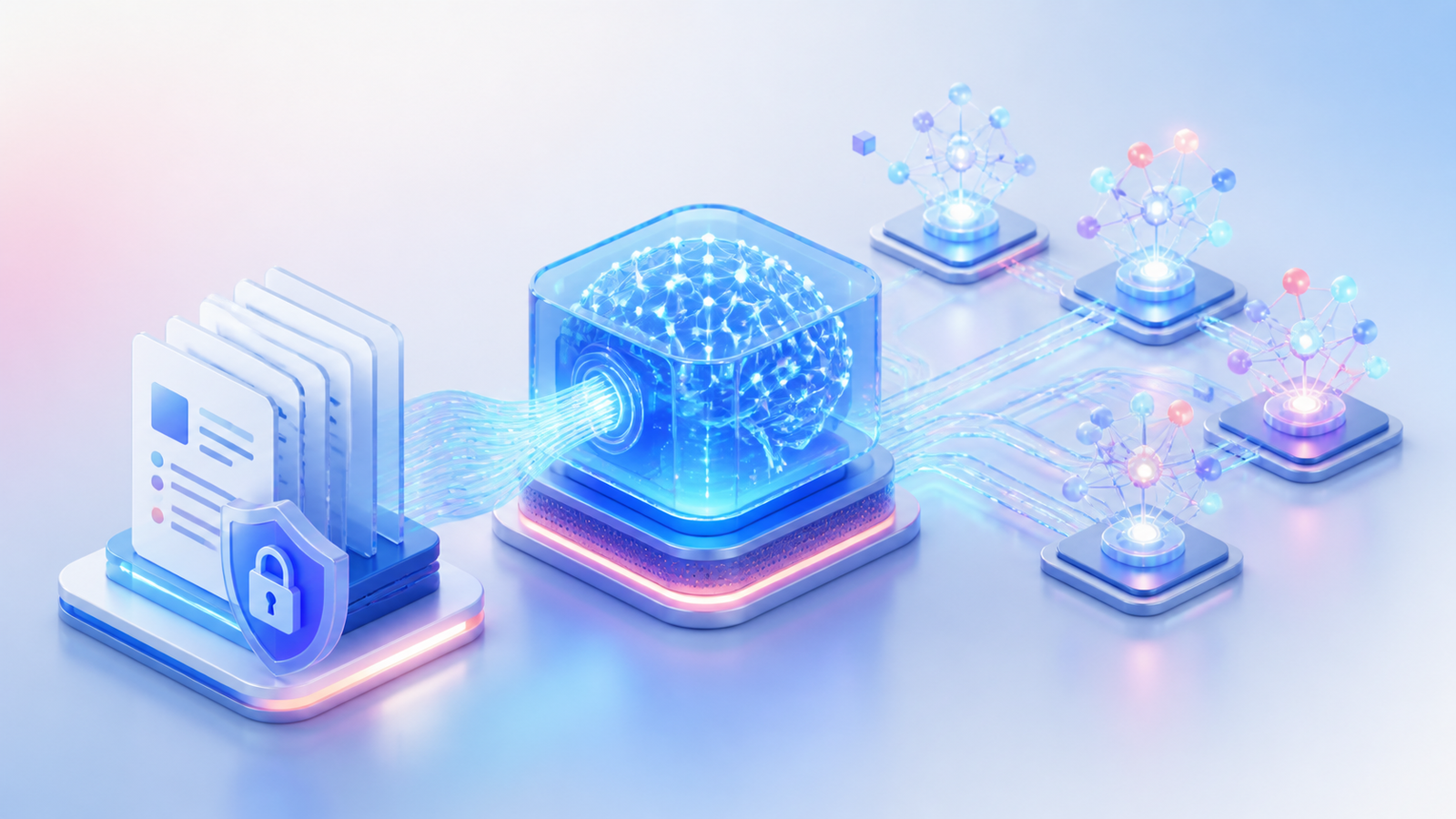 Abstract production AI agents and retrieval augmented generation illustration